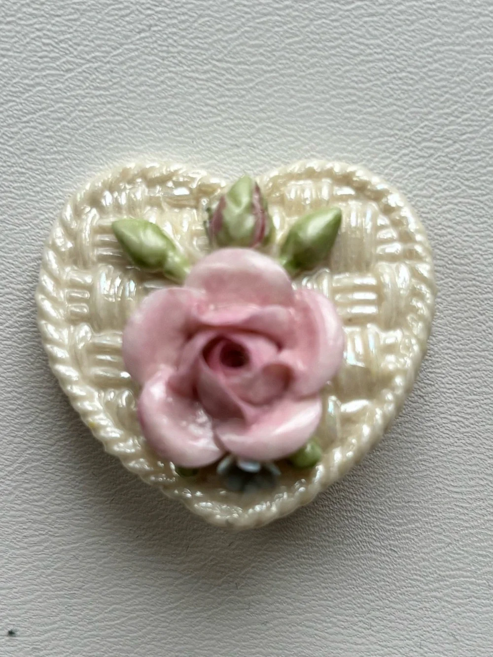 Vintage Belleek Ireland Porcelain Heart Pink Rose Brooch Pin